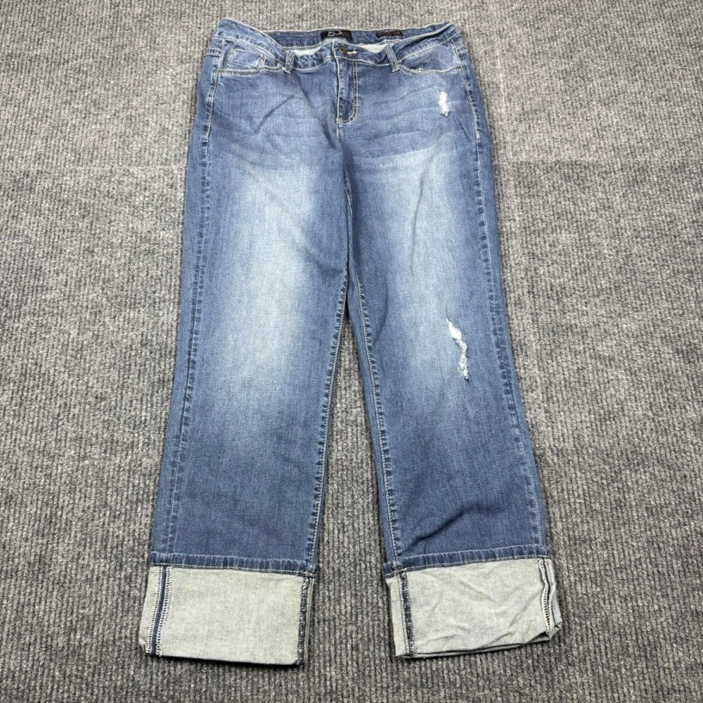 Earl Jean Women Medium Wash Straight Cuff Distressed Stretch Jeans Size 16